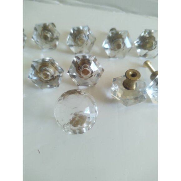 Vintage Cut Glass Drawer Pulls 1 1/4" Hexagonal Brass Inserts (lot of 11) - Picture 13 of 13